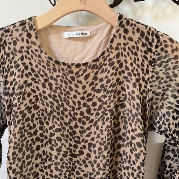 REFORMATION Tomas  Long Sleeve Mini Dress in Brown Cheetah L NWOT - Picture 3 of 15